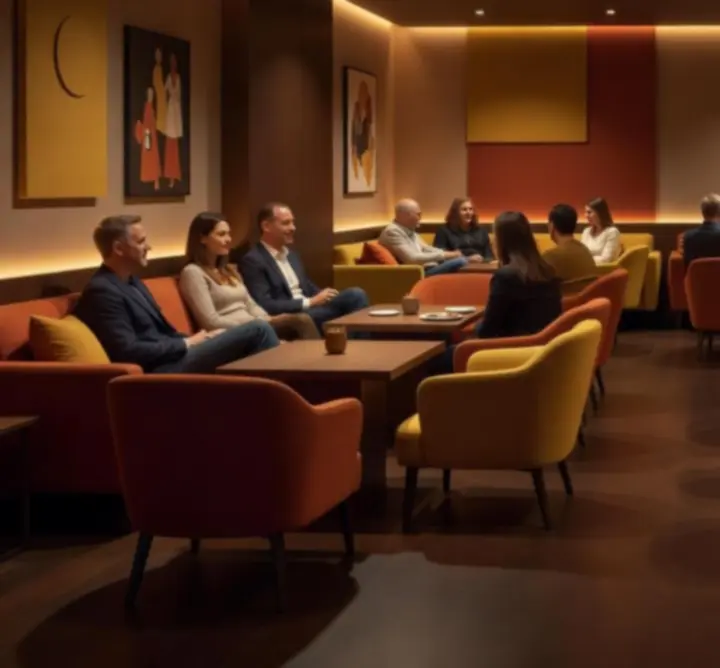 Nowoczesna strefa lounge z wygodnymi fotelami i miękkim oświetleniem w KLUB CIRCLE ZONE