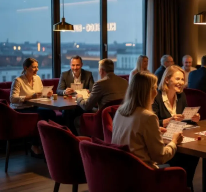 Stylowe, przytulne wnętrza KLUB CIRCLE ZONE z klubowiczami grającymi w bingo i gry towarzyskie